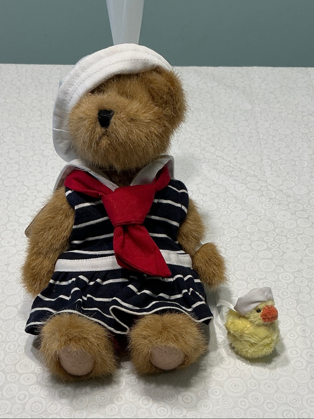 Tan Plush Bear in Sailor Dress and Hat with duck